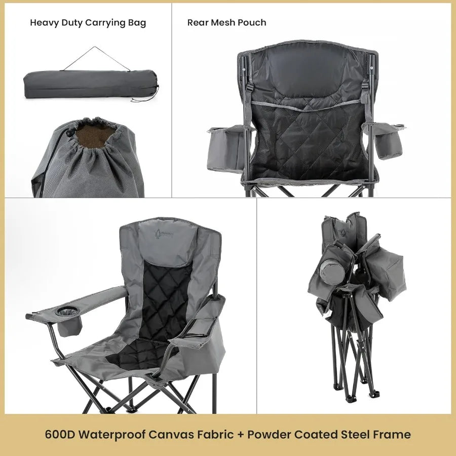 ARROWHEAD OUTDOOR Portable Deluxe Folding Camp Quad Chair w/Headrest Glass and Cup Holders Armrest