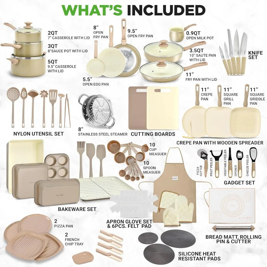 75 Piece Non-Stick Pots and Pans Set with Ceramic Cookware Bakeware Utensils Knife Set