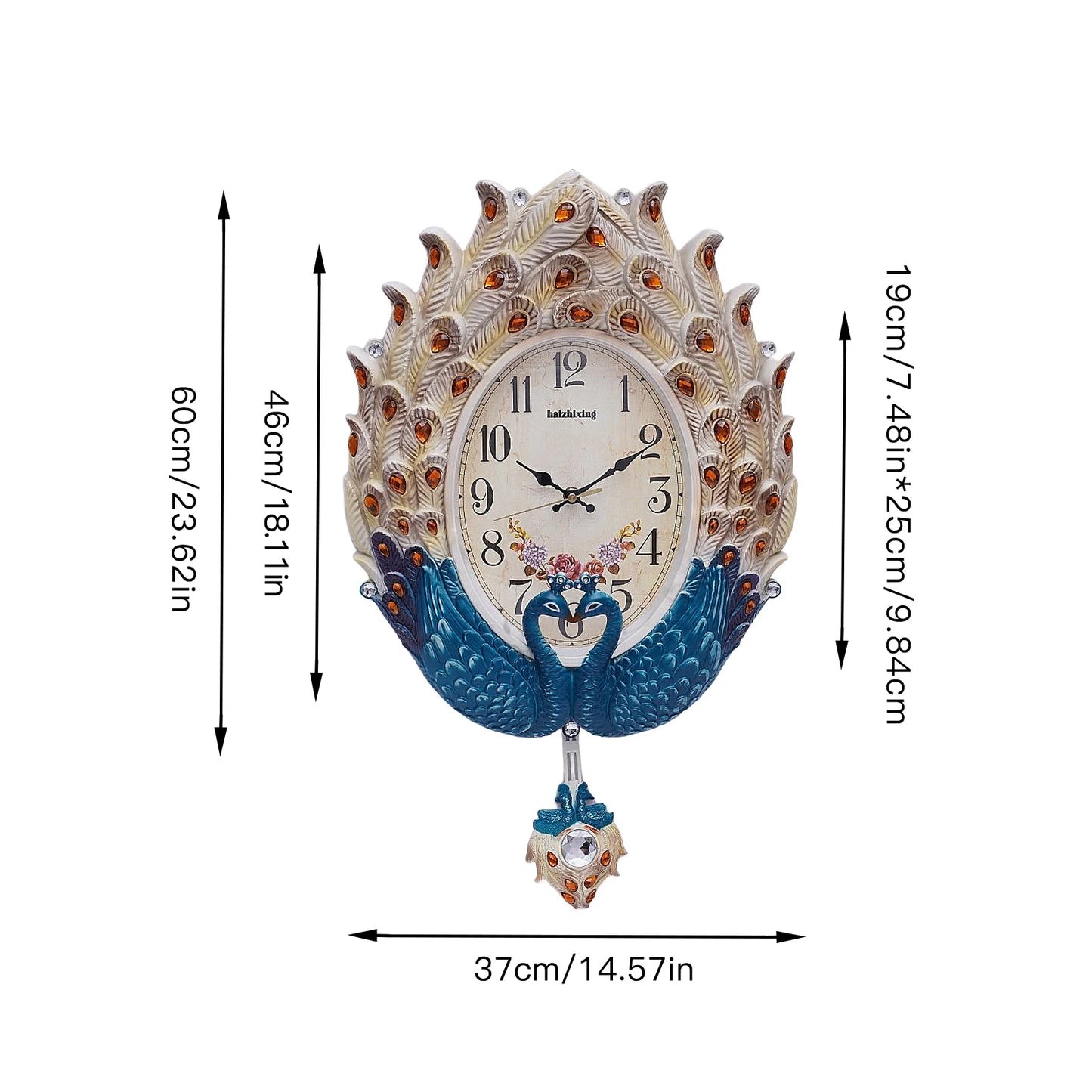 Exquisite Wall-Mounted Pendulum Clock w/Lifelike Animal Feathers, Large Dial, Quartz Movement,