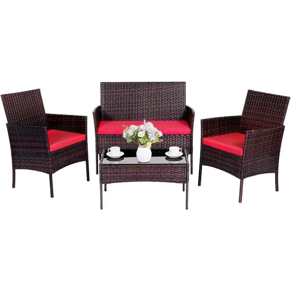 Set 4 Pieces Conversation Sets Wicker Rattan Chairs Garden Loveseat & Tempered Glass Table