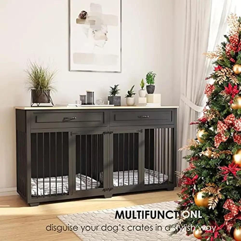 Wooden Dog Crate Double Room Divider Kennel TV Stand Storage Drawers Easy Assembly Indoor Furniture