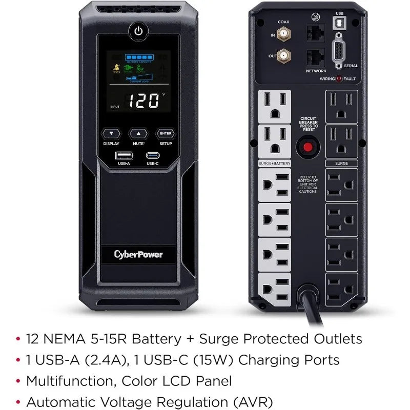 CP1500AVRLCD3 Intelligent LCD UPS System, 1500VA/900W, 12 Outlets, 2 USB Ports, AVR, Mini Tower