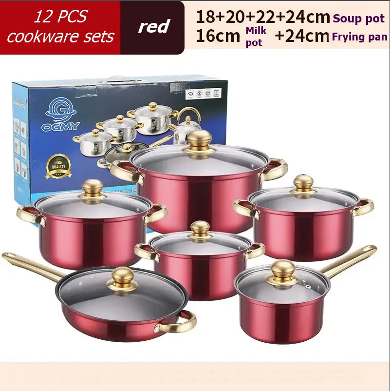 OGMY 12PCS of Stainless Steel Colored Cookware Set Non-stick Pan Gold-plated Handle Soup Pot