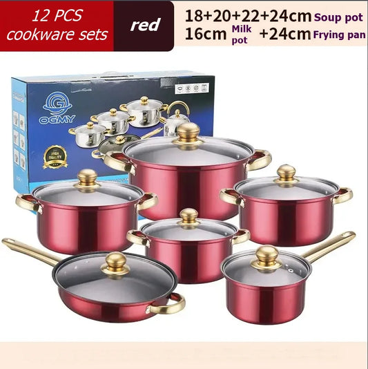 OGMY 12PCS of Stainless Steel Colored Cookware Set Non-stick Pan Gold-plated Handle Soup Pot