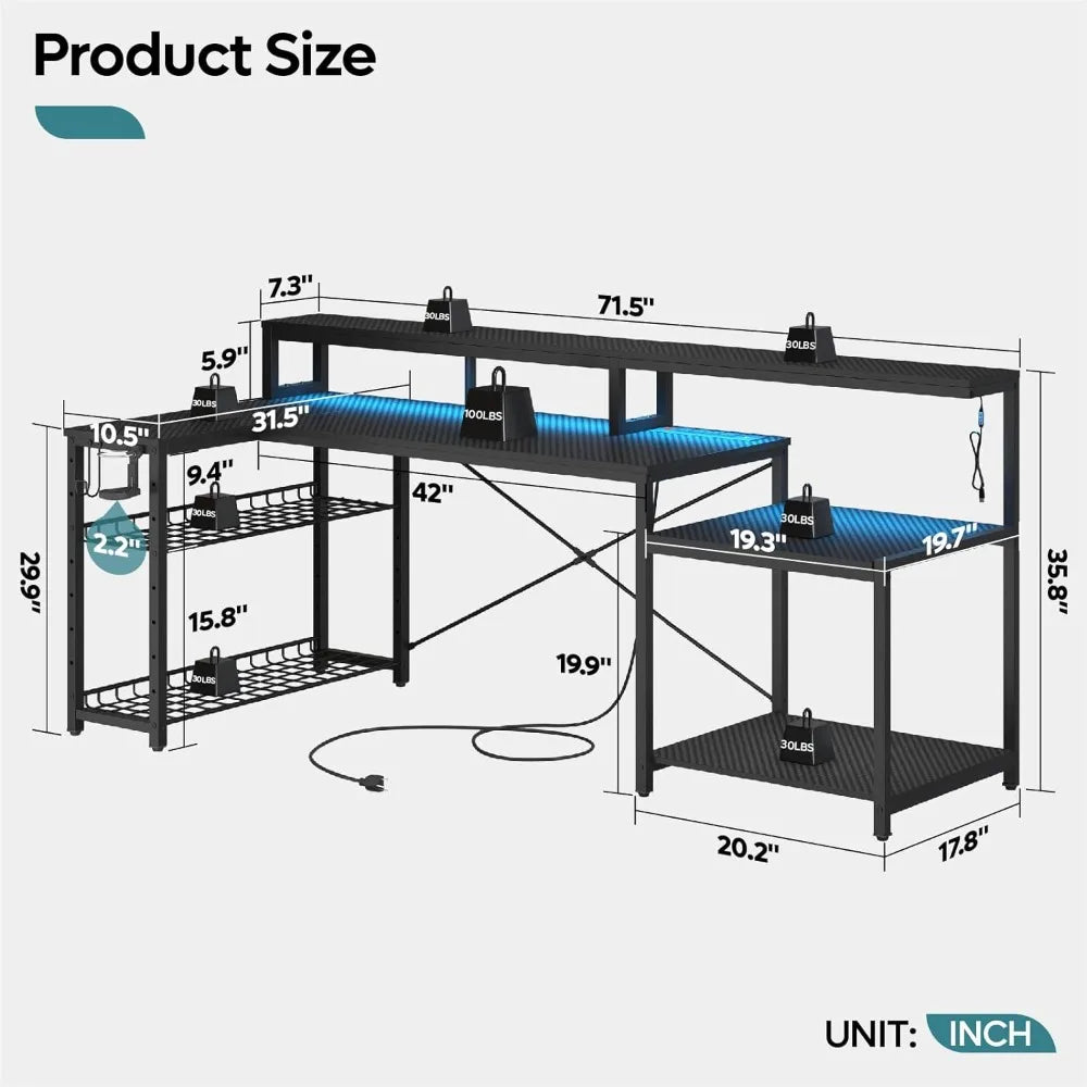 Bestier Gaming Desk with Power Outlets, 71.5 LED Computer Desk with Long Monitor Stand, Large L Shaped Corner Desk with Storage