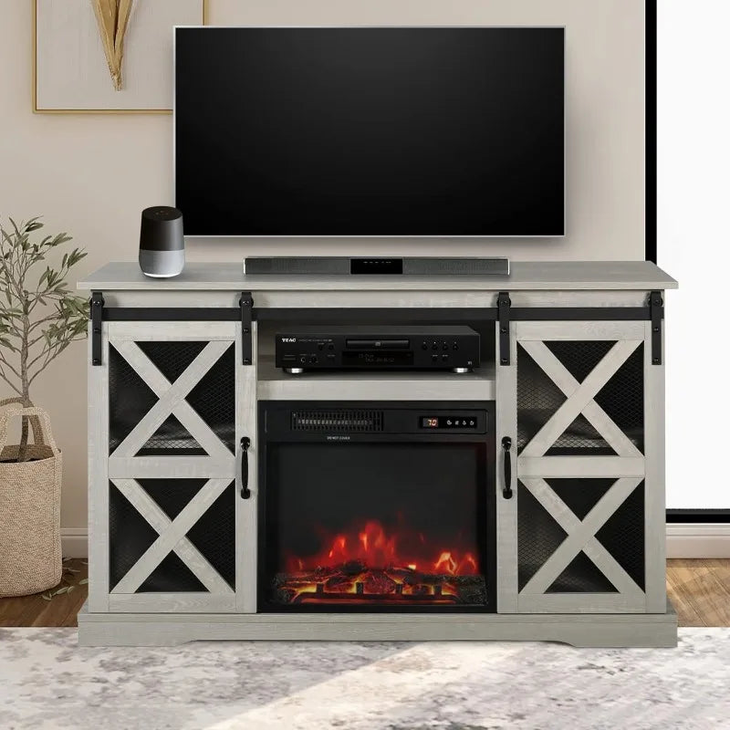 48 Inch TV Stand Console W/Sliding Barn Door for TVs up to 55", with Fireplace and Remote Control