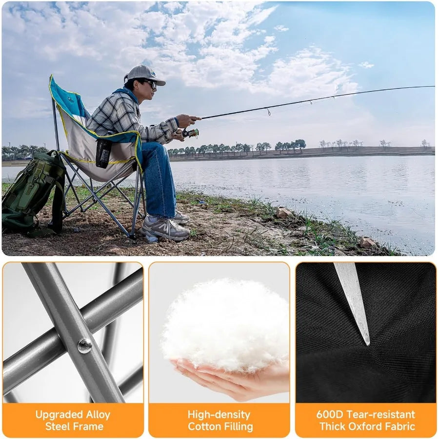 Oversized Camping Chair for Adults Heavy Duty Folding Chair w/Cup Holders Storage Pocket/Carry Bag