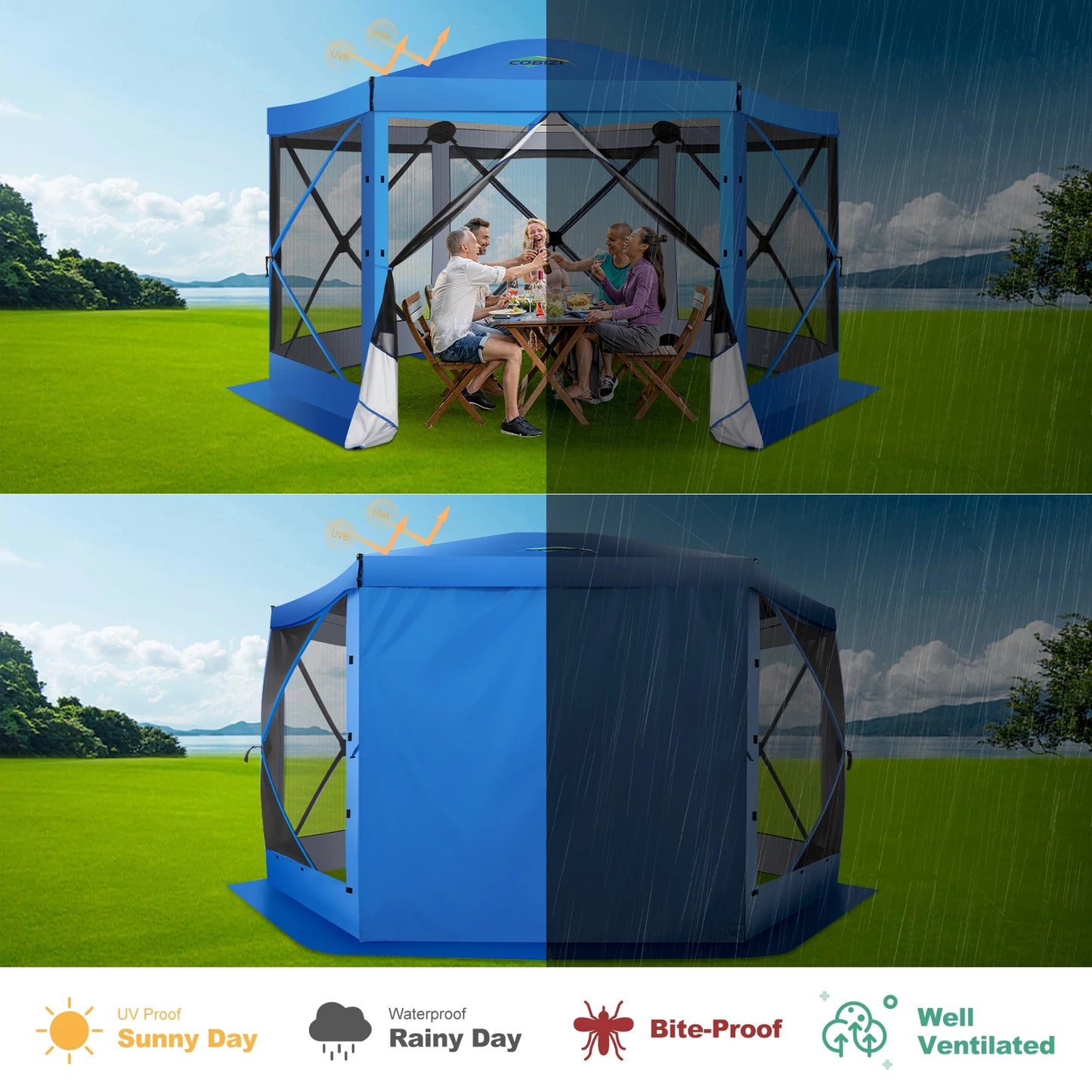 Pop Up Gazebo 12'x12' 6-Sided Screen House Tent for Camping, Instant Stargazing Gazebo Canopy