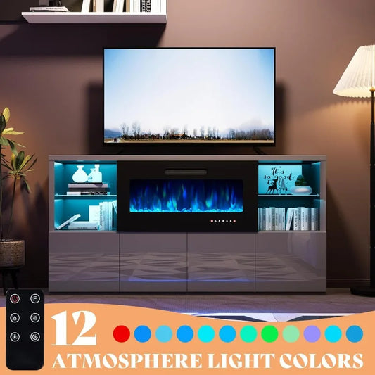 Modern High Gloss 68" Fireplace TV Stand, Entertainment Center & LED Lights for TVs up to 78"