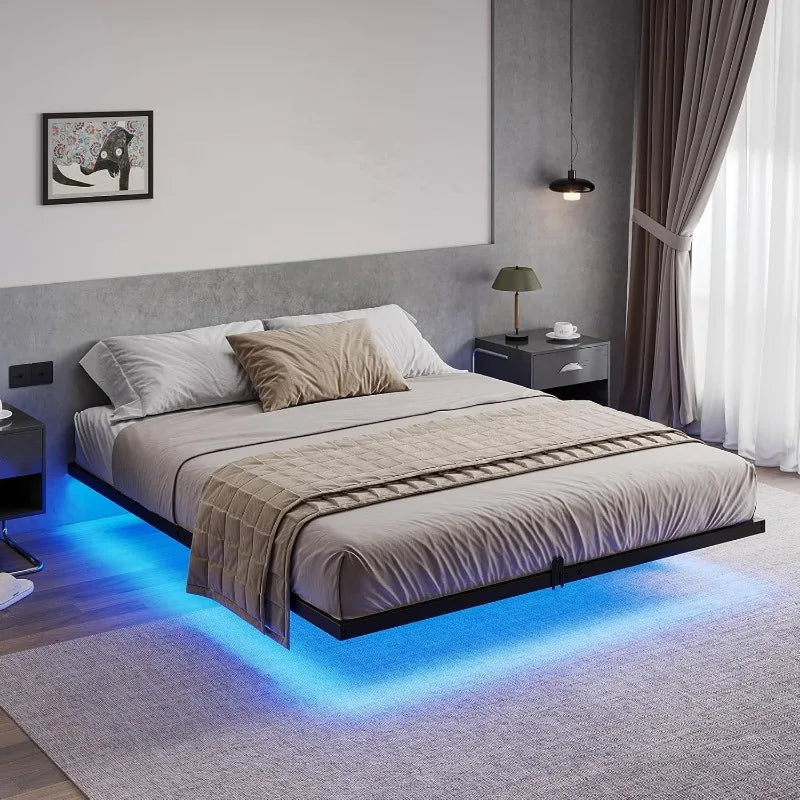 Floating Bed Frame with LED Lights, Metal Platform Full Bed, No Box Spring Needed