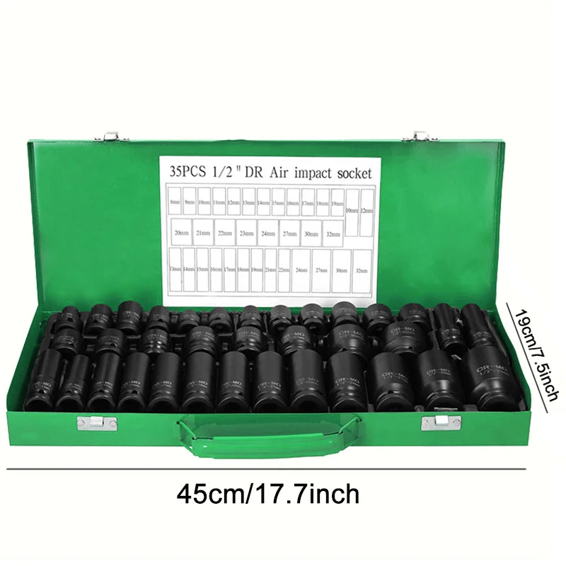 35pcs Professional Heavy-Duty 1/2" Pneumatic Tool Kit w/Air Gun, Hex Extensions, Rotary Tools