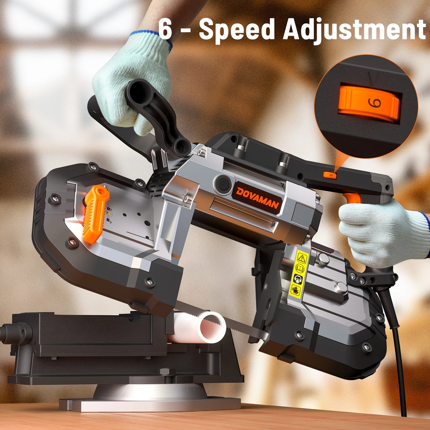 DOVAMAN Portable Band Saw, 10A Corded Handheld, 5" Cut Capacity, 6-Speed, 0°–45° Adjustable