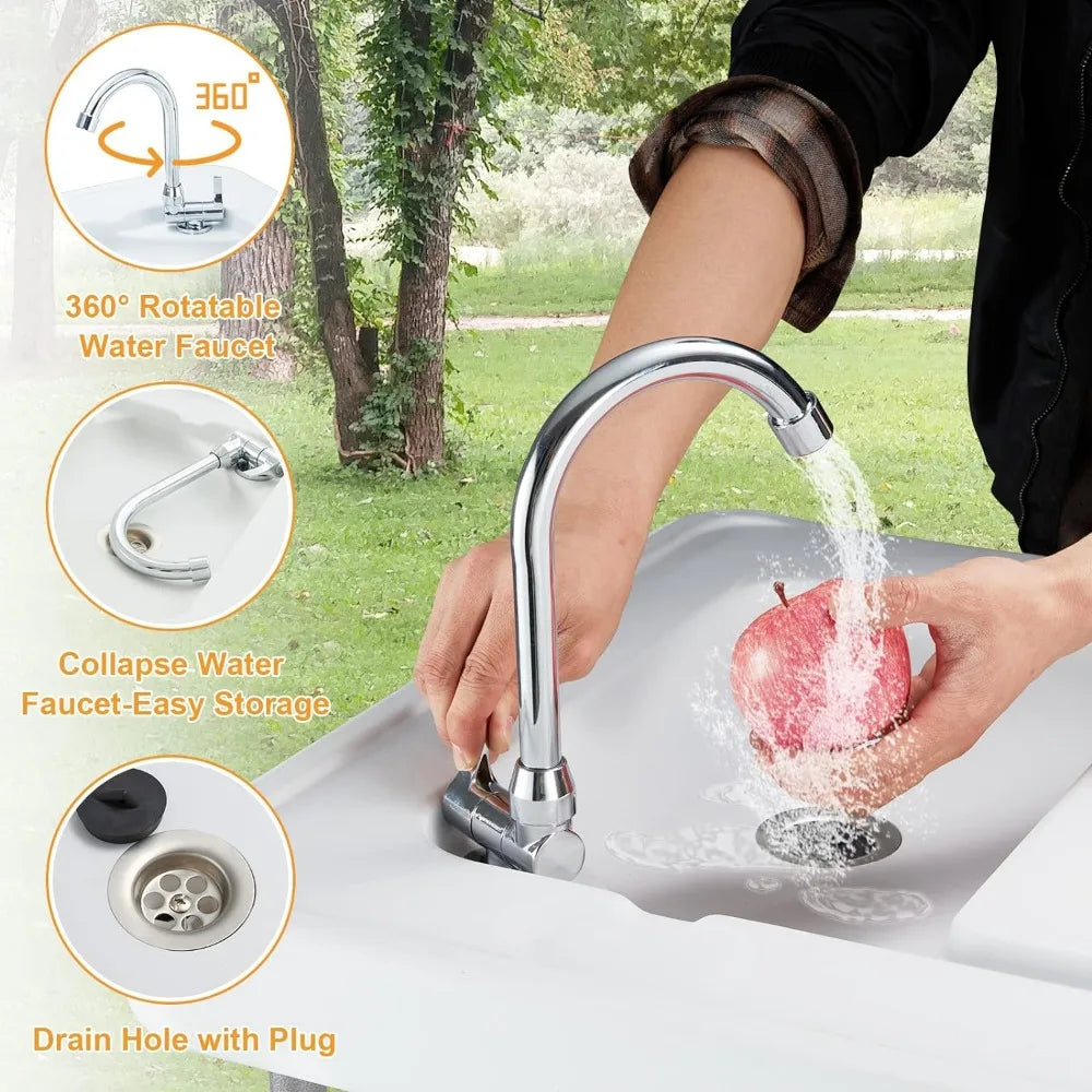 Folding Fish Cleaning Table Portable Sink Table w/Faucet Drain Hose & Sprayer Outdoor Station