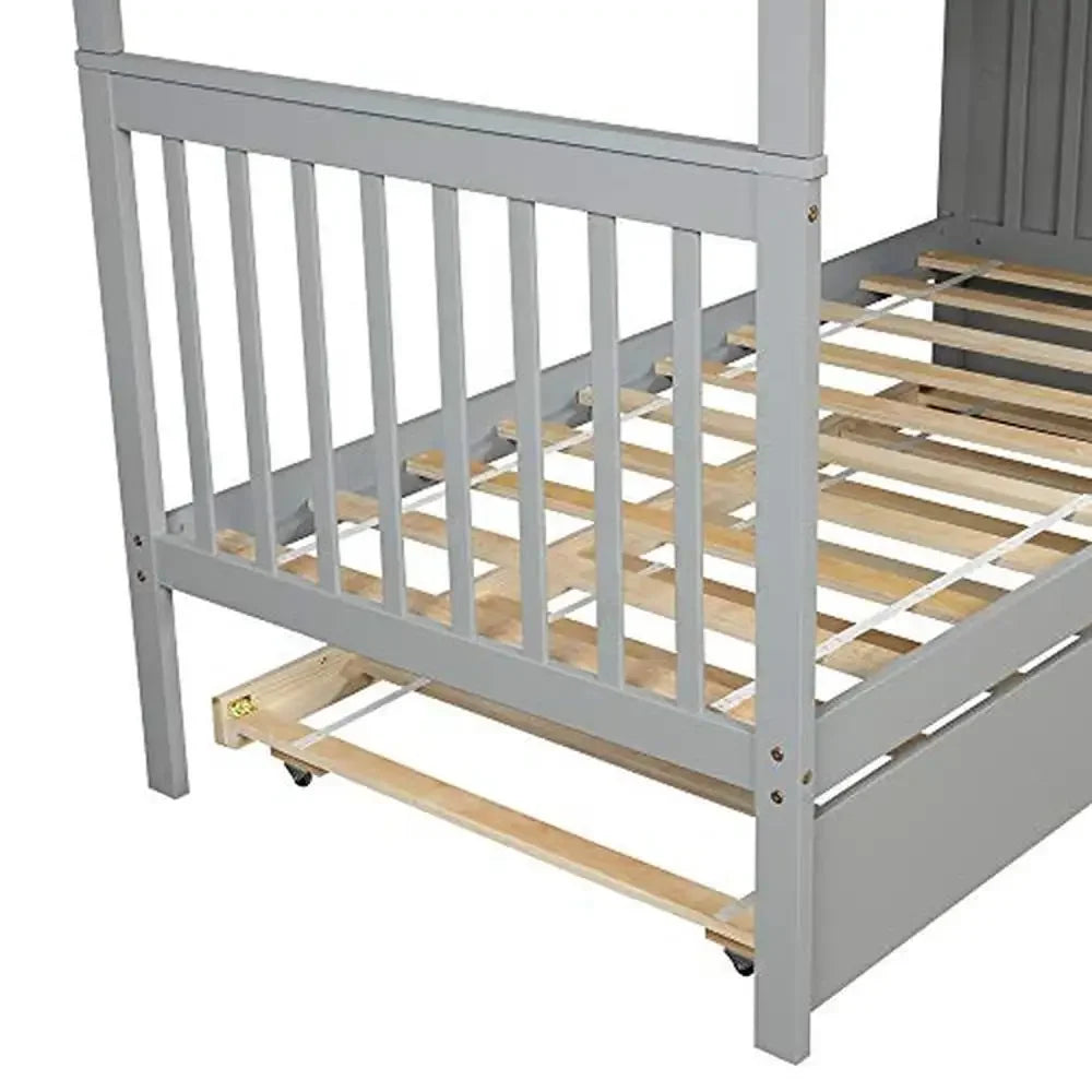 Modern Twin Bunk Bed with Trundle Storage Staircase & Guardrail Grey Solid Wood Design Sturdy