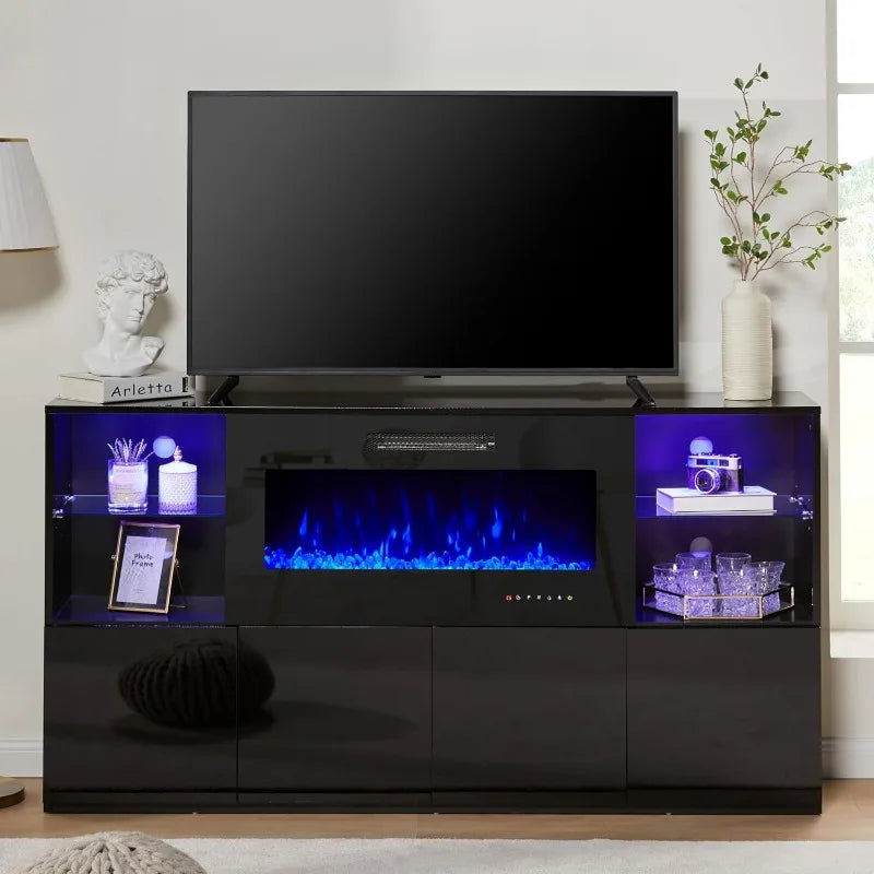 Modern High Gloss 68" Fireplace TV Stand, Entertainment Center & LED Lights for TVs up to 78"