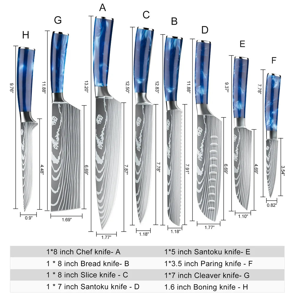 8pcs Kitchen Knife Damascus Stainless Steel Chef Knife / Santoku Knives With Nylon Bag