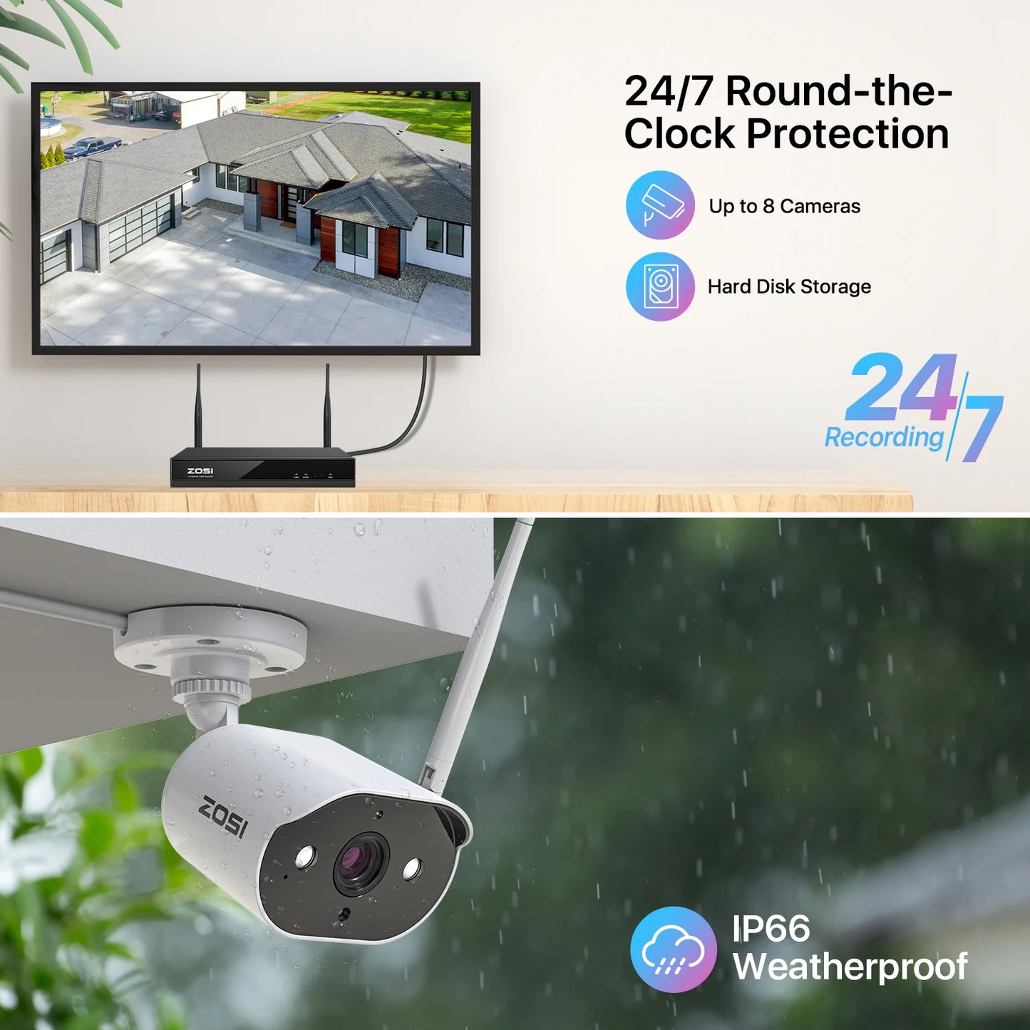 ZOSI WiFi Security Camera System 8CH 2K H265+ Wifi NVR 3MP Outdoor Waterproof CCTV Camera Wireless