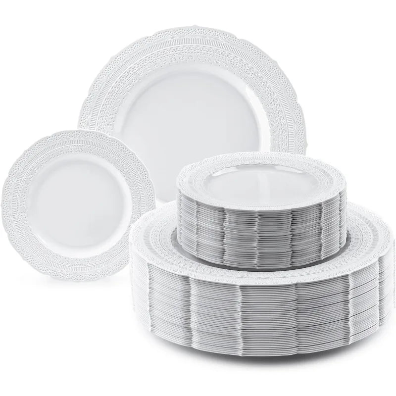 240 Plates Pack,(120 Guests) Extra Heavyweight Vintage Wedding Disposable/Reusable Plastic Plates