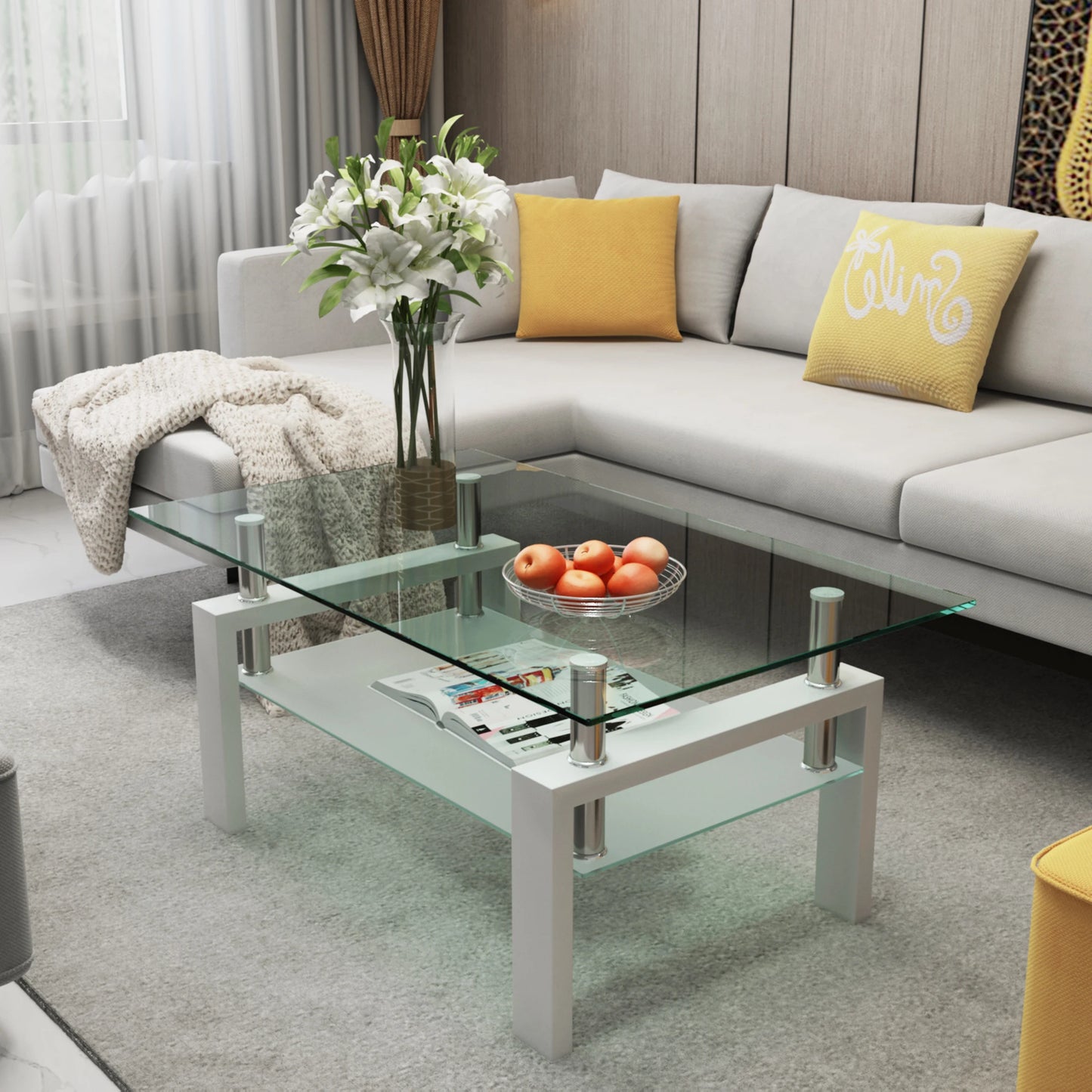 Rectangle Black Glass Coffee Table, Clear Coffee Table, Modern Side Center Tables/Furniture