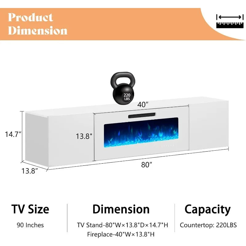 Floating TV Stand w/ 36" Electric Fireplace,High Gloss Finish Wall Mounted Entertainment Center