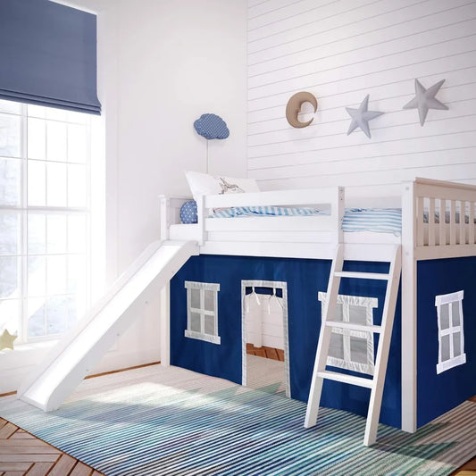 Low Loft Bed,Twin Bed Frame For Kids With Slide and Curtains For Bottom