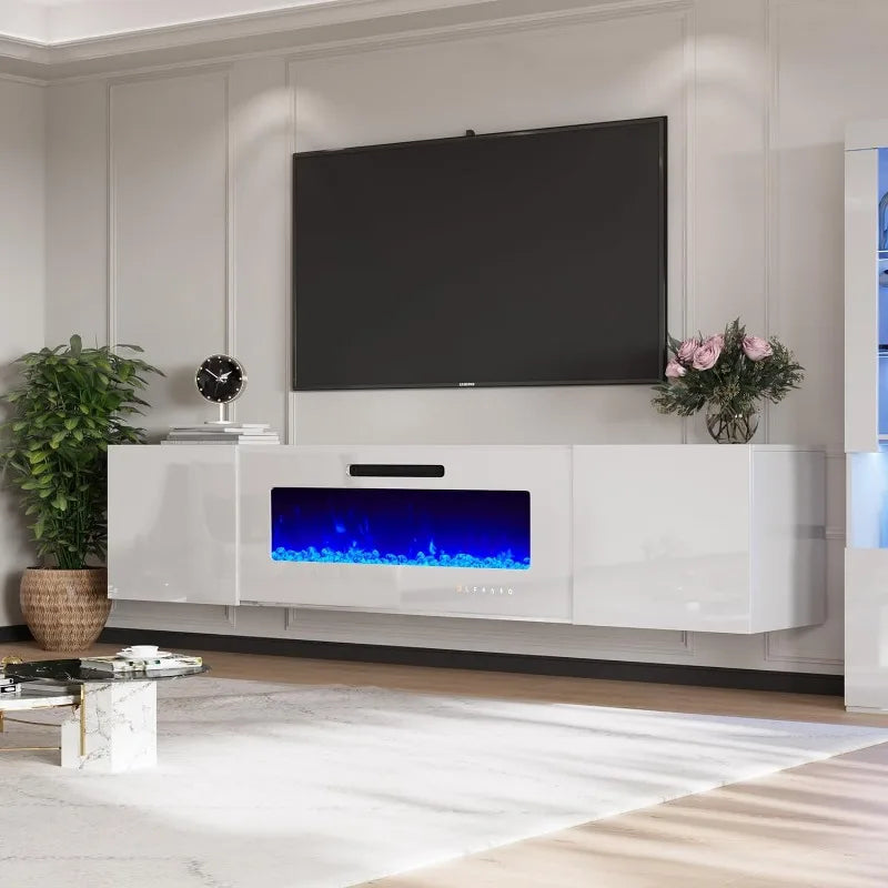 Floating TV Stand w/ 36" Electric Fireplace,High Gloss Finish Wall Mounted Entertainment Center