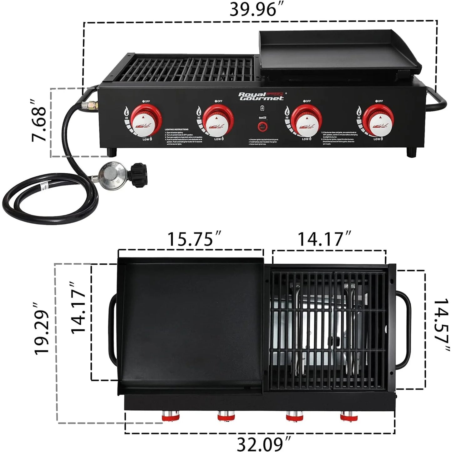 Tabletop Gas Grill Griddle, 4-Burner Portable Propane Grill Griddle Combo, 40,000 BTU, Black