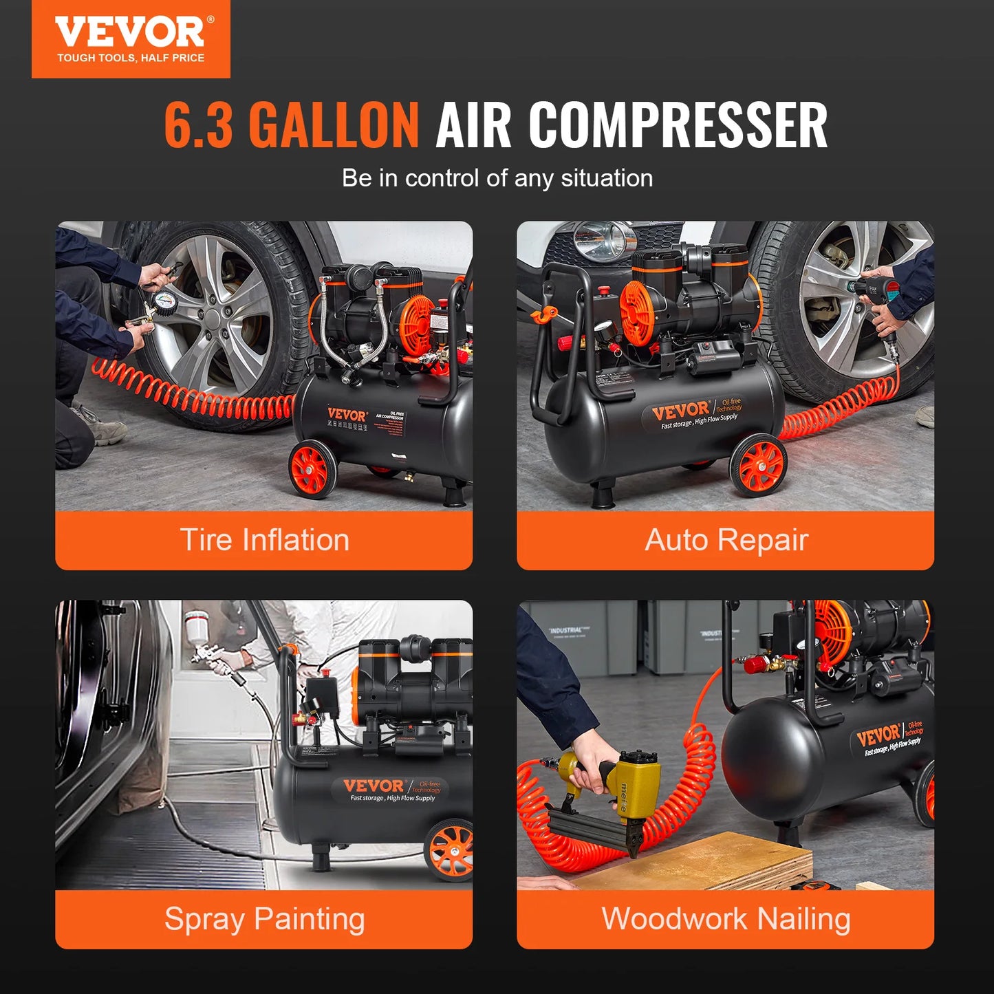 VEVOR Air Compressor, 9L 18L 24L Oil Free Air Compressor Tank 116 PSI Pressure 70 dB Ultra Quiet