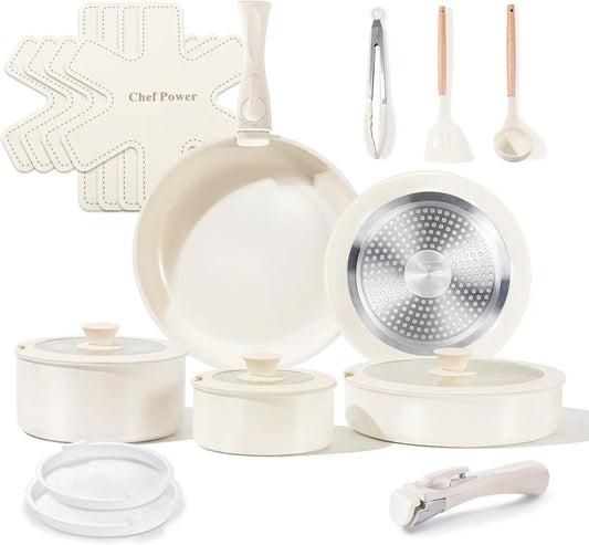 19-Piece Ceramic Nonstick Cookware Set with Detachable Handles, PFAS-Free, Induction & Oven Safe