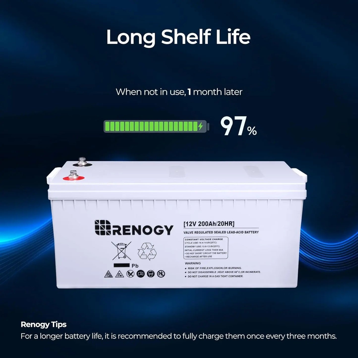 Renogy Deep Cycle AGM Battery 12 VT 200Ah,3% Self-Discharge Rate, 2000A Max Discharge Current,Safe