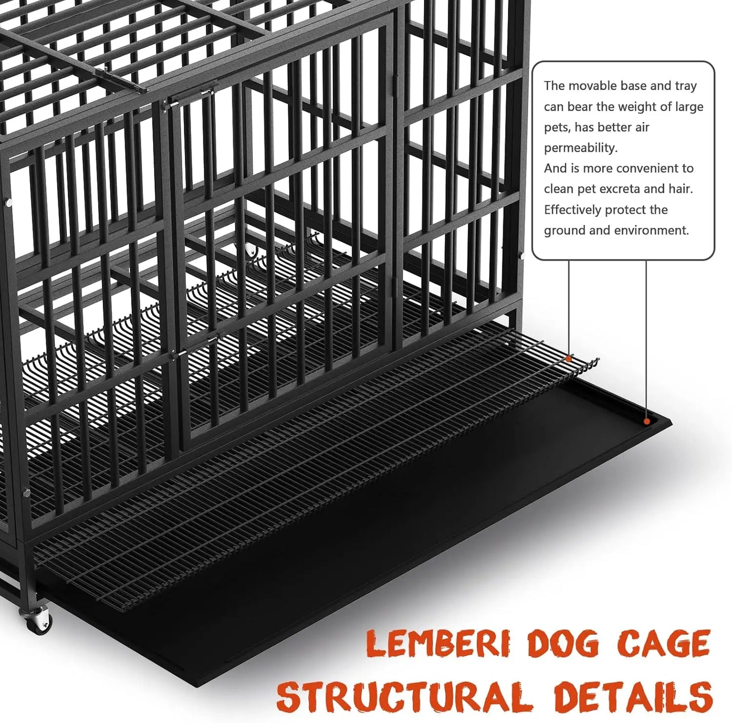 LEMBERI 48/38 inch Heavy Duty Indestructible Dog Crate, Escape Proof Kennel with Lockable Wheels