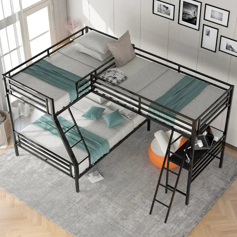 Metal Triple Bunk Beds, Twin Over Full Bunk Bed Attached Twin Loft Bed with Desk, L-Shape Triple Bed