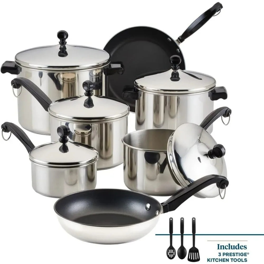 Classic Stainless Steel 15-Piece Cookware Set with Pots and Pans, Silver