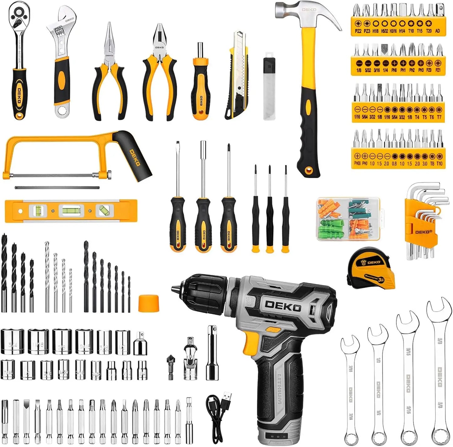 Kit Box Drill Set：Home Mechanic Toolbox with 12V Power Cordless Drill Hand Repair & Storage