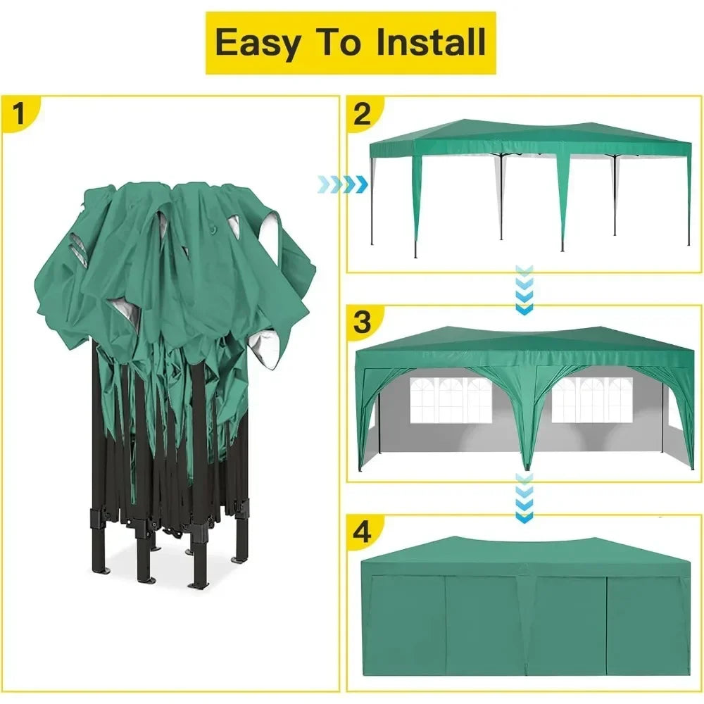 Awning 10x20 w/Sidewalls, Sun-Resistant Heavy Duty 10x20 Pop Up Canopy w/6 Sand Bags, Green Foldable