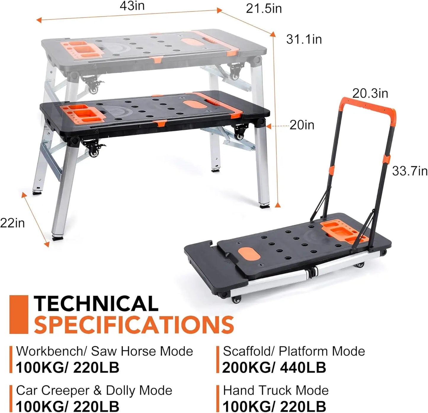 Multifunctional Folding Work Table, Portable Work Benches w/Modes as Workbench, Sawhorse, Scaffold