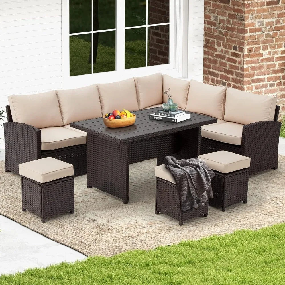 7 Pieces Patio Furniture Set,Sectional Sofa All Weather Wicker Rattan Couch Dining Table & Chair