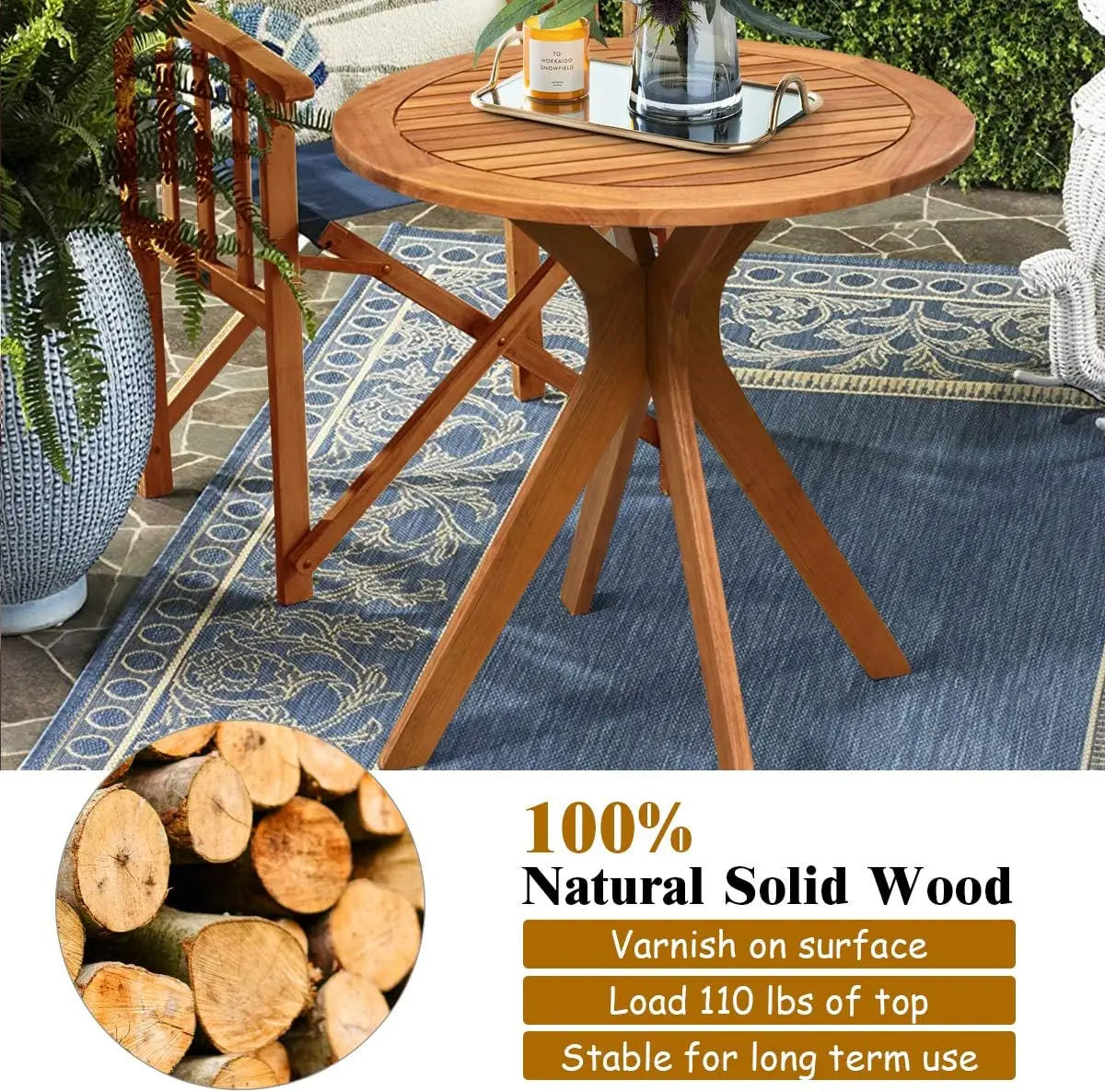 Comfort Corner 27.5 Inch Eucalyptus Wood Outdoor Patio Bistro Table, Wooden Table w/X Base