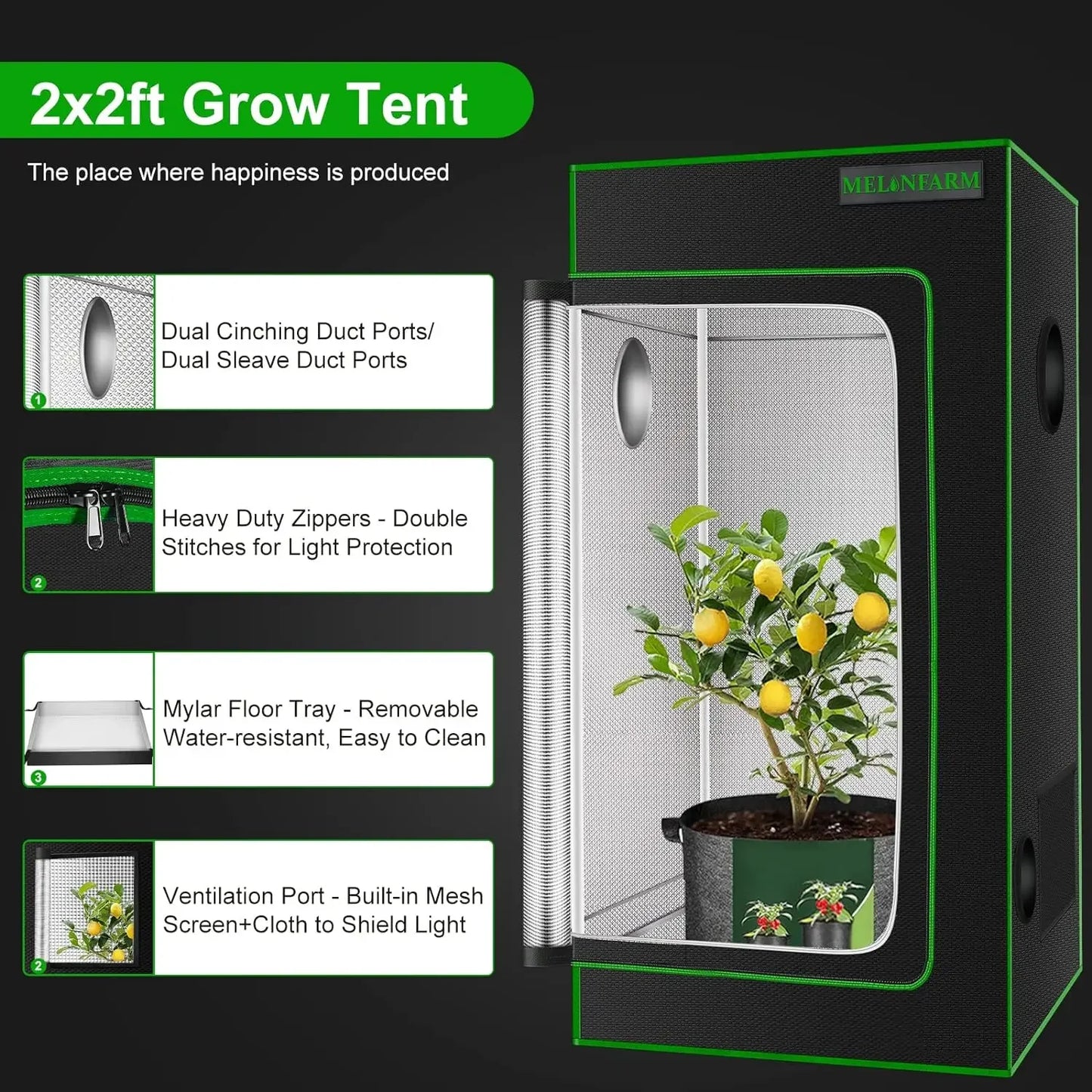 MELONFARM 2x2 Grow Tent 24"x24"x48'' High Reflective 600D Diamond Mylar Canvas w/Observation Window