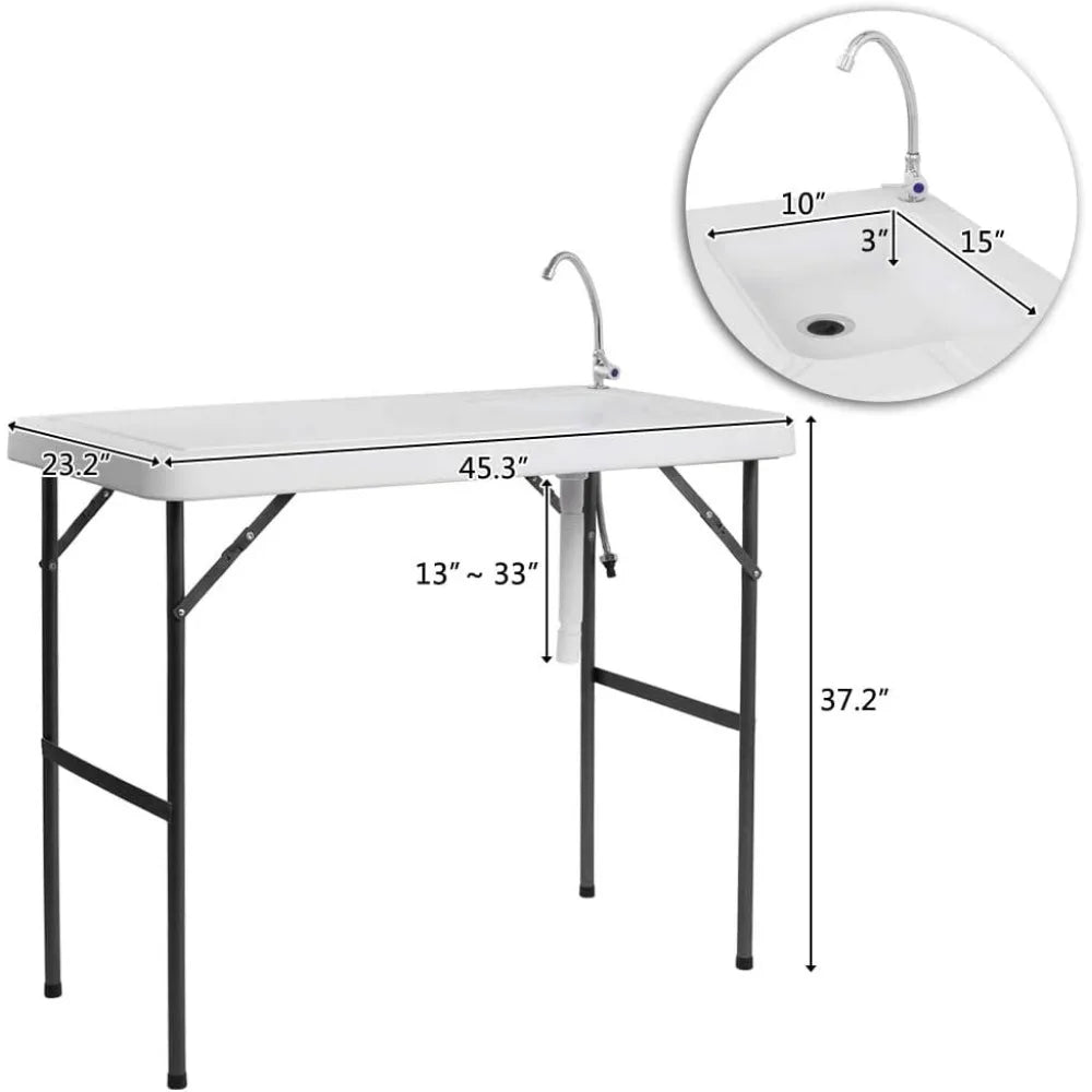 Folding Fish Cleaning Table with Sink, Portable Camping Sink Table with Grid Rack & Sprayer