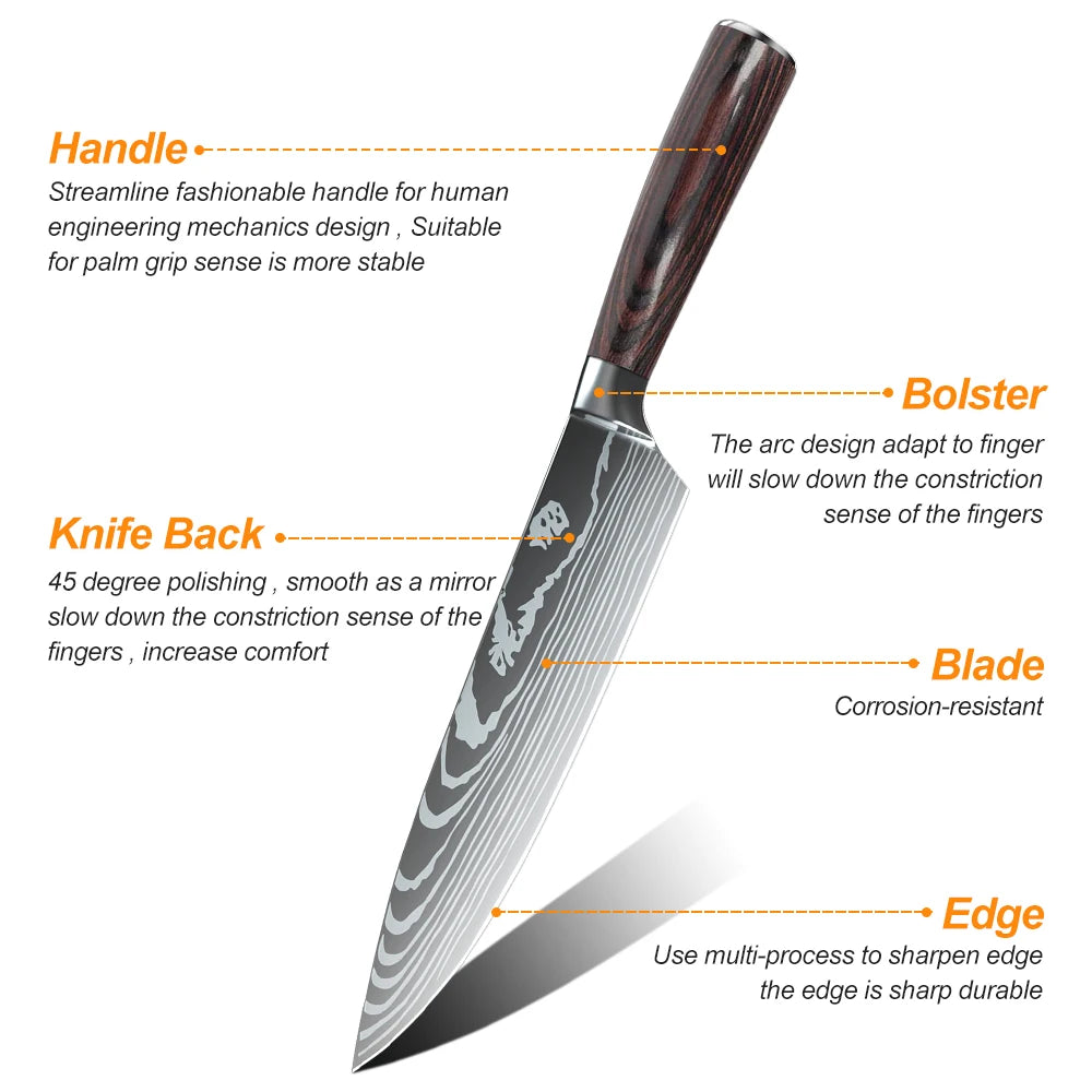 MDHAND 8/10pcs Kitchen Knives Set Laser Damascus Pattern Chef Knife High Carbon Stainless Steel
