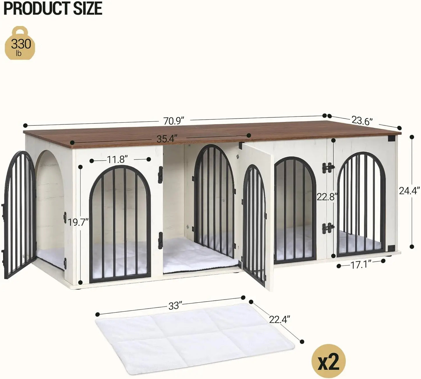 Wooden Dog Crate Furniture for 2 Dogs, 71" Heavy Duty with Divider, Pads, Side Table,