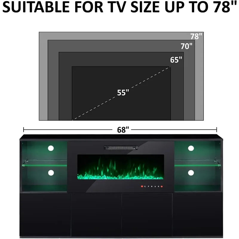 Modern High Gloss 68" Fireplace TV Stand, Entertainment Center & LED Lights for TVs up to 78"