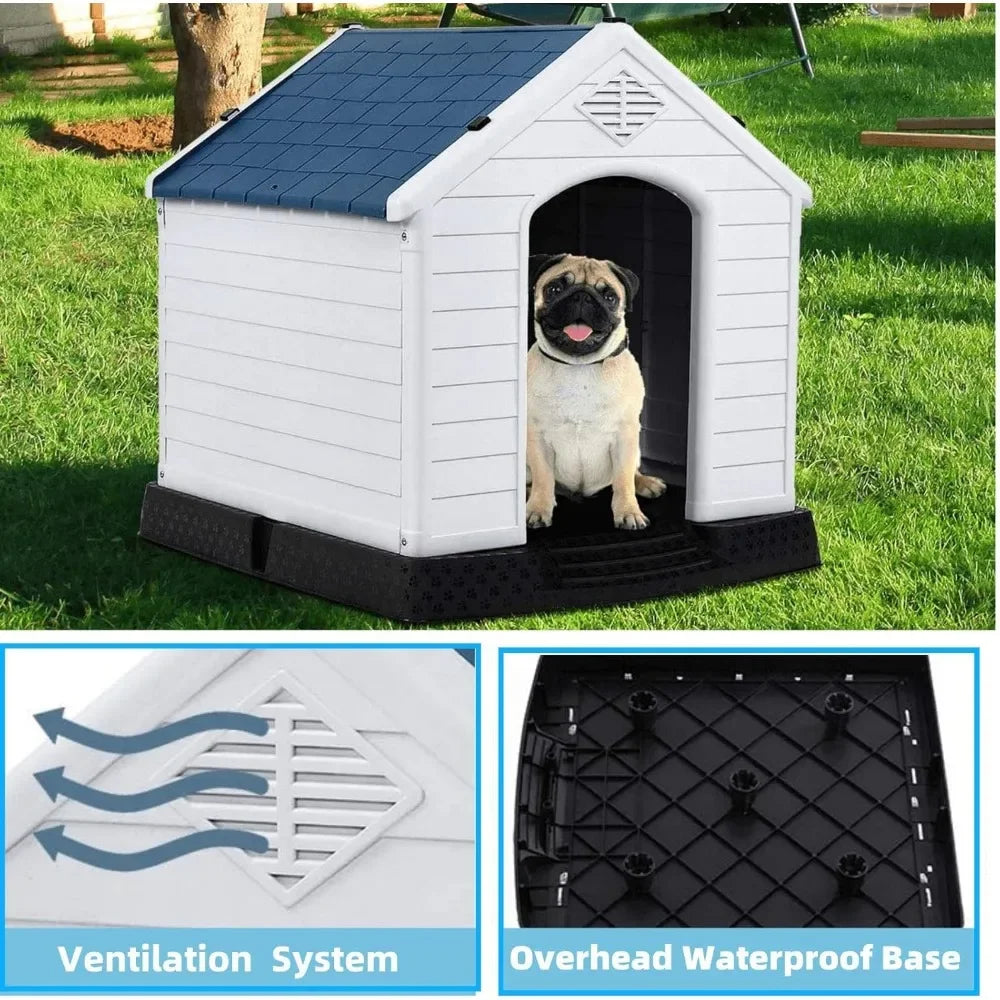 Big Dog House, Durable Waterproof Plastic Dog Kennel, Elevated Floor & Base Support Pet Winter House