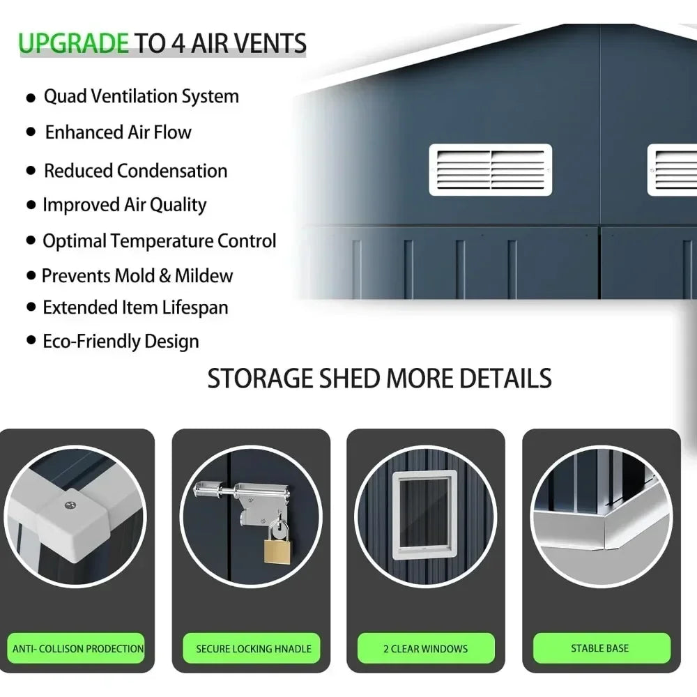 10X12X7.5 FT outdoor steel storage shed with lockable doors