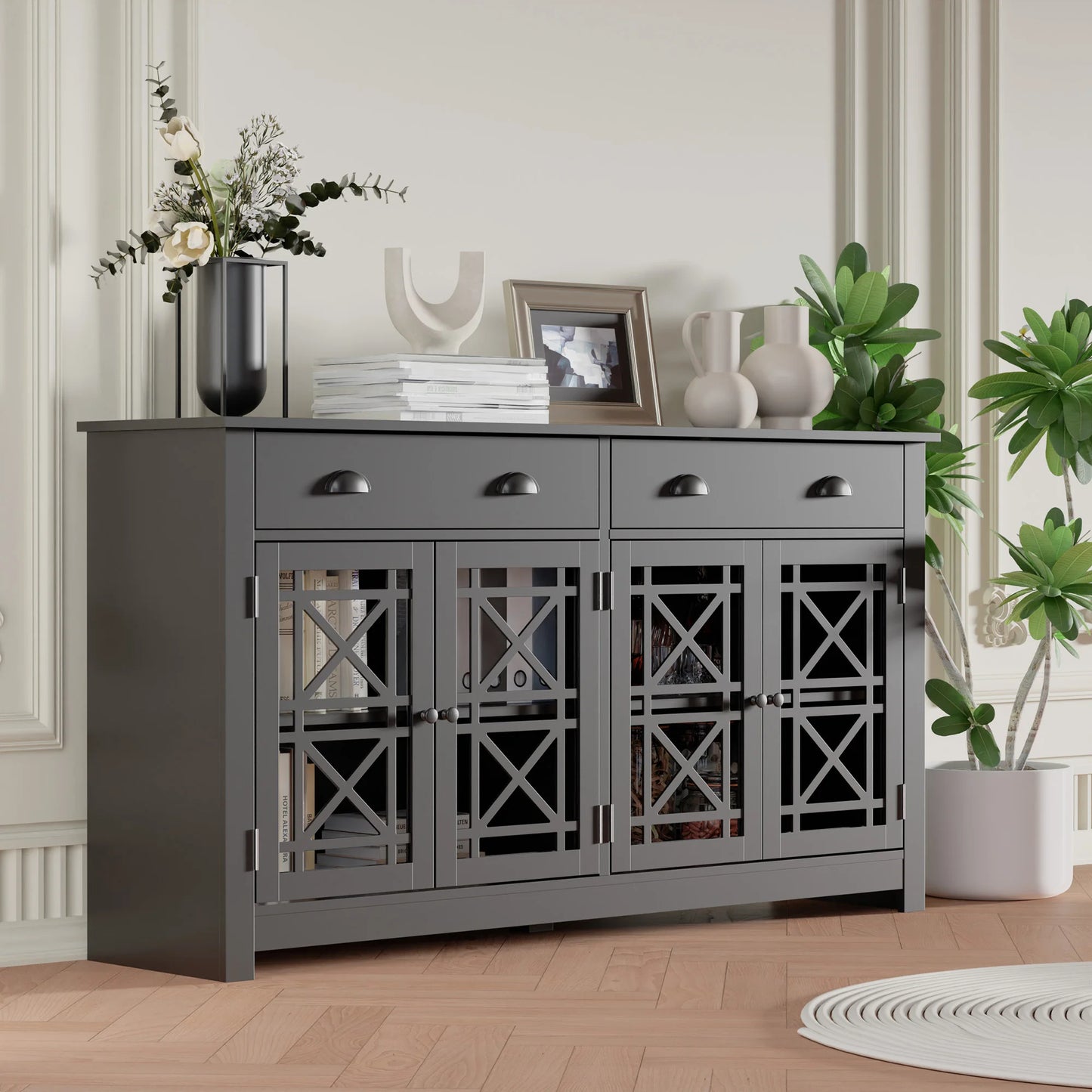 Modern Buffet Cabinet w/Drawers, Wood Sideboard Buffet Cabinet w/4 Acrylic Glass Doors