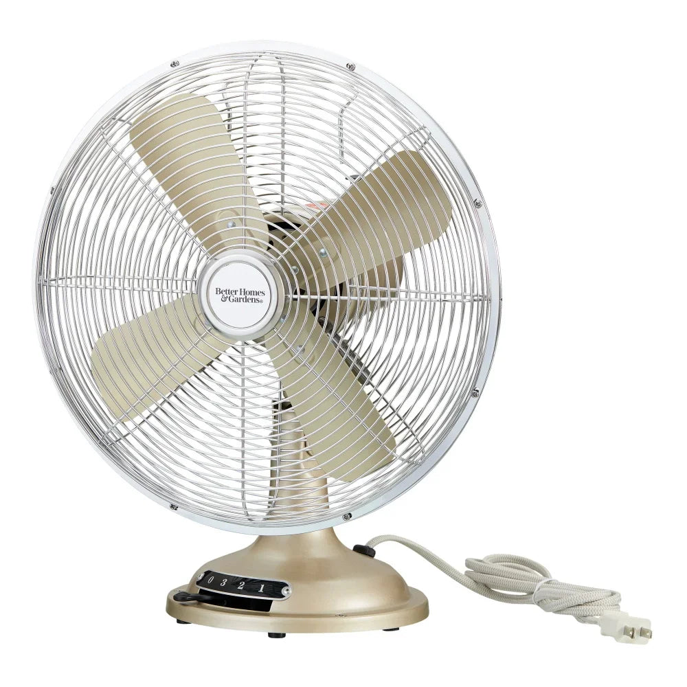 12 Inch Retro 3-Speed Metal Tilted-Head Oscillation Table Fan Brushed Nickel Portable Fan