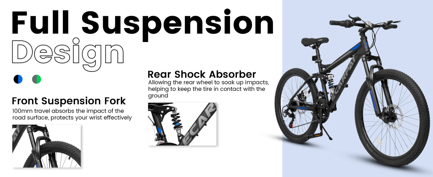 Ecarpat Dual Full Suspension Mountain Bike 24/26/27.5 Inch, 21-Speed Disc Bicycles