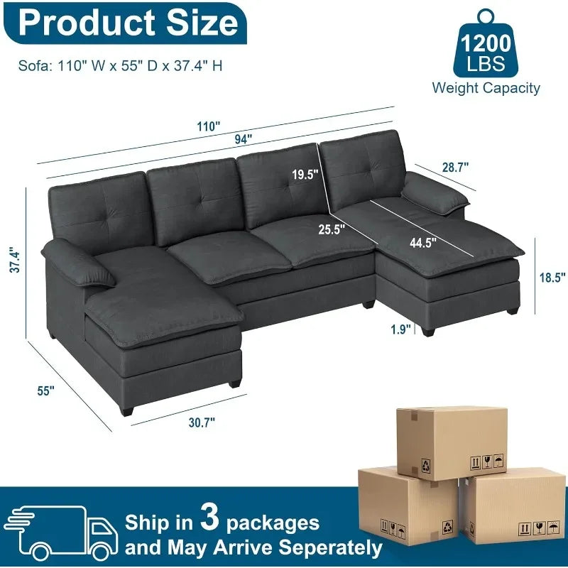 110" U-Shaped 4 Seat Sectional Sofa with Double Chaise, Modern Fabric Modular Couch Sleeper