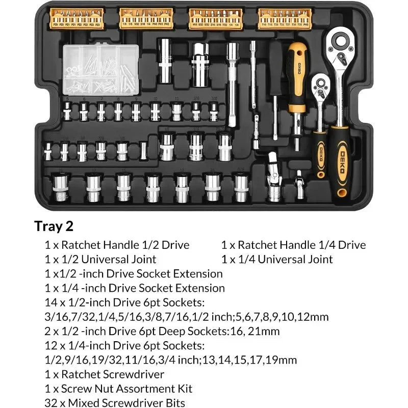 DEKOPRO 258 Piece Tool Kit w/ Rolling Tool Box Socket Wrench ,Mechanic Case Trolley Portable